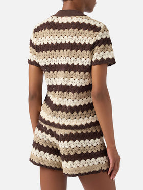Polo Lala de mezcla de algodón con efecto crochet y motivo de rayas 