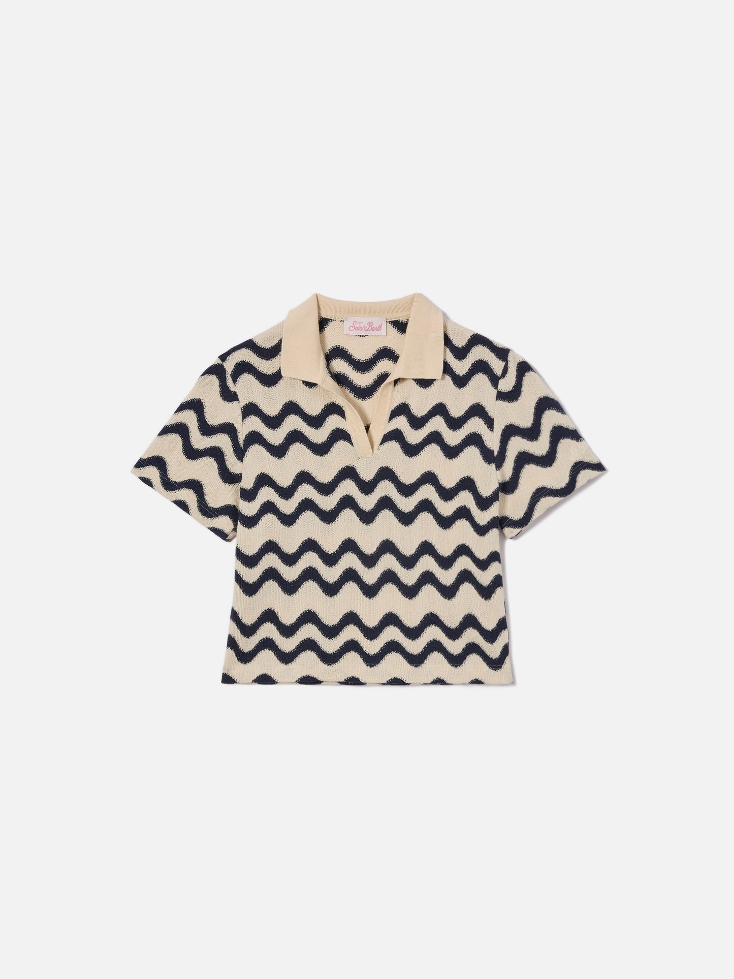 Lala Jr Poloshirt aus Baumwollmischstrick mit blauem und elfenbeinfarbenem Wellenmuster 