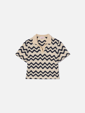 Lala Jr Poloshirt aus Baumwollmischstrick mit blauem und elfenbeinfarbenem Wellenmuster 