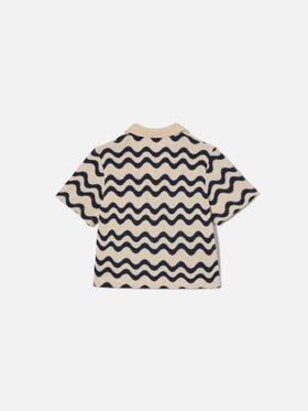 Lala Jr Poloshirt aus Baumwollmischstrick mit blauem und elfenbeinfarbenem Wellenmuster 