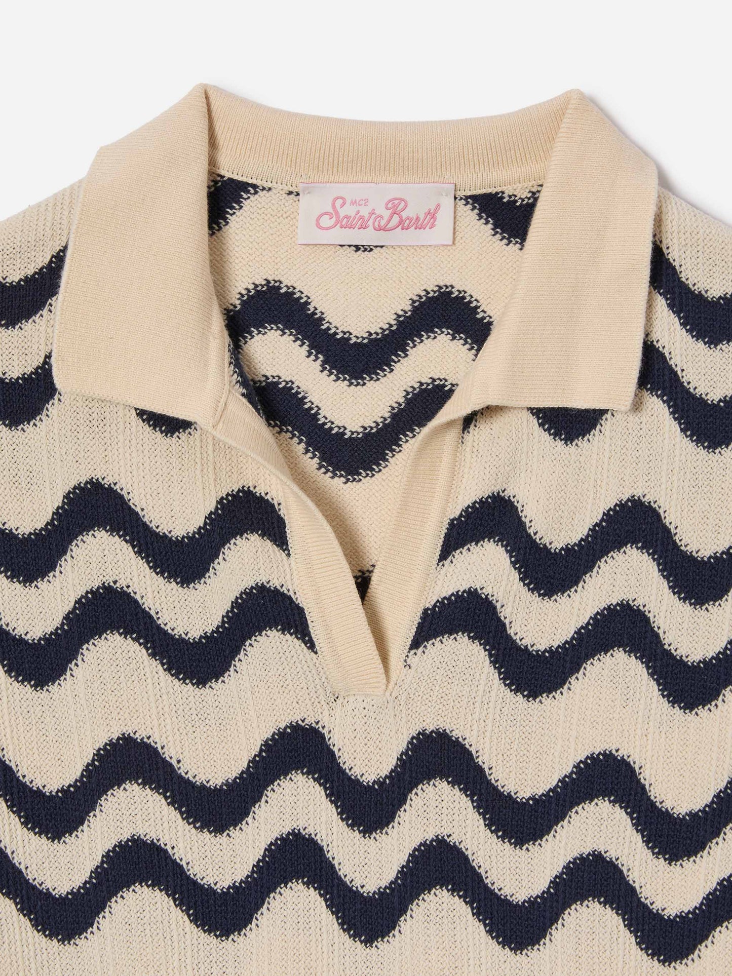 Lala Jr Poloshirt aus Baumwollmischstrick mit blauem und elfenbeinfarbenem Wellenmuster 