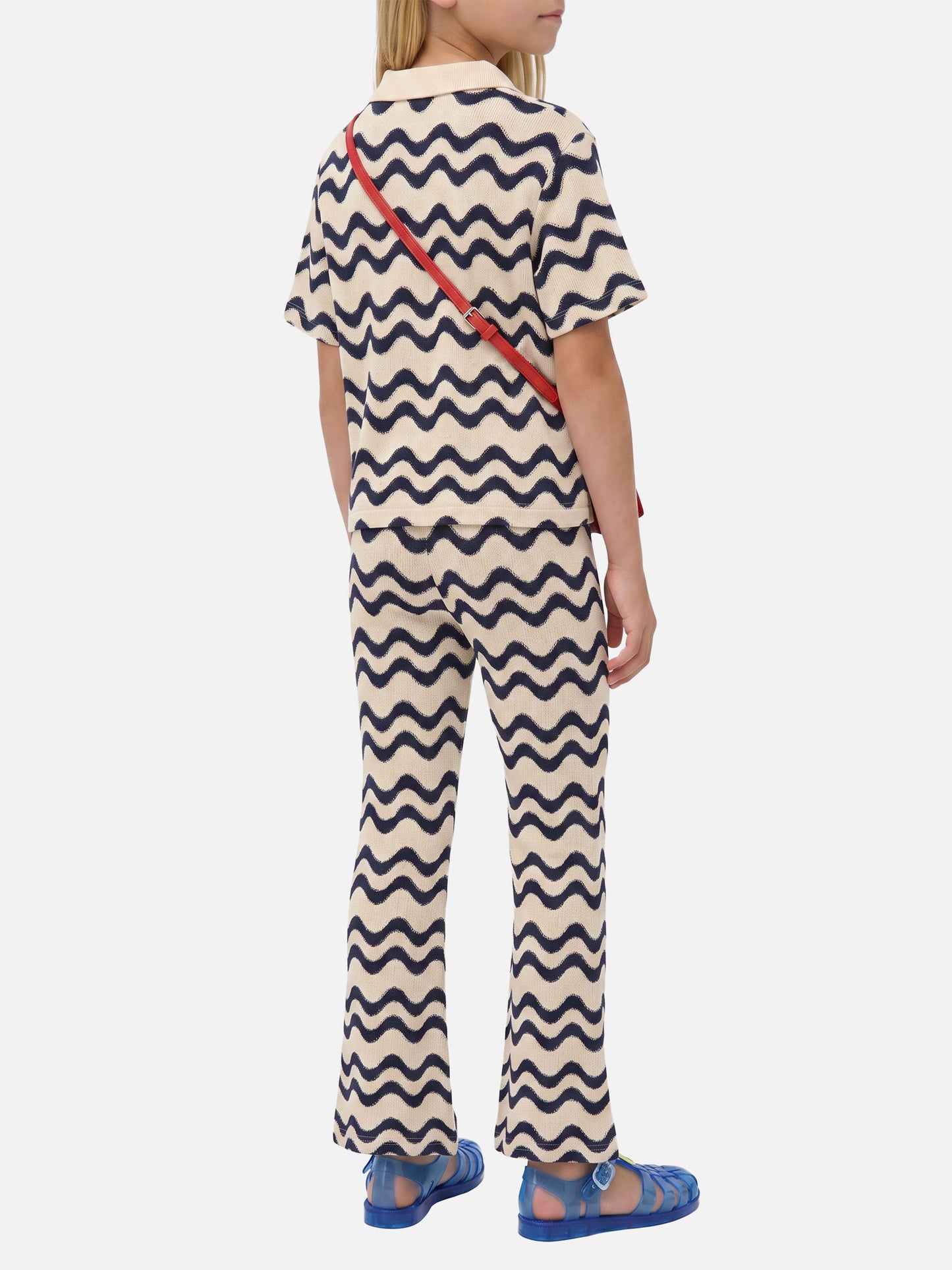 Gwenda Jr raschel knit pants with blue and ivory wave pattern