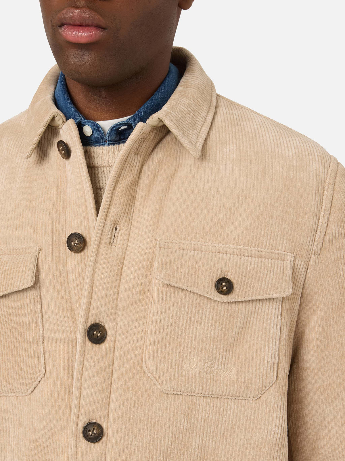 Beige Landeck corduroy overshirt with teddy lining
