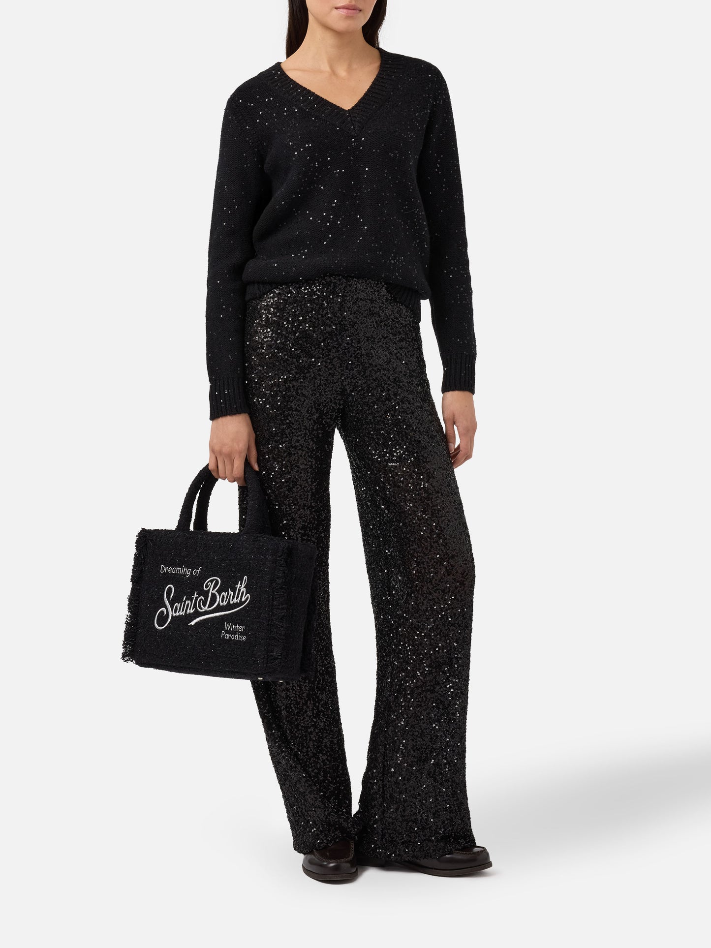 Lucette straight-leg trousers in sequin fabric black
