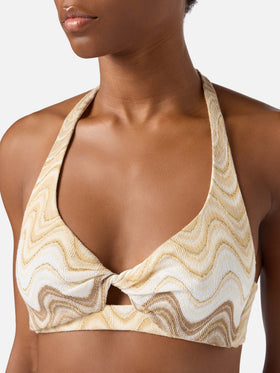 Leda bralette bikini top in gold raschel fabric with cut-out detail