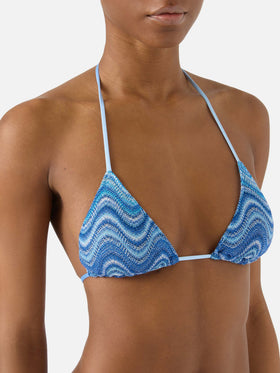 Leah triangle bikini top in light blue wave-effect raschel fabric