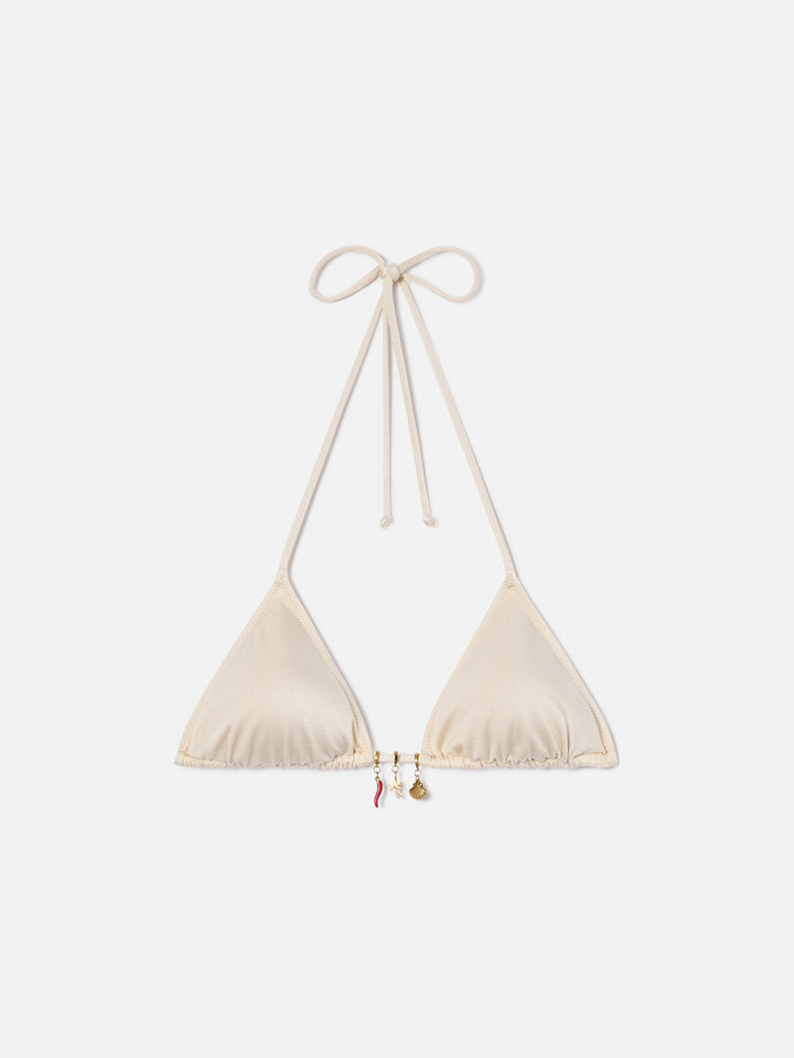 Top de bikini triangular Leah en tejido con acabado brillante y charms 