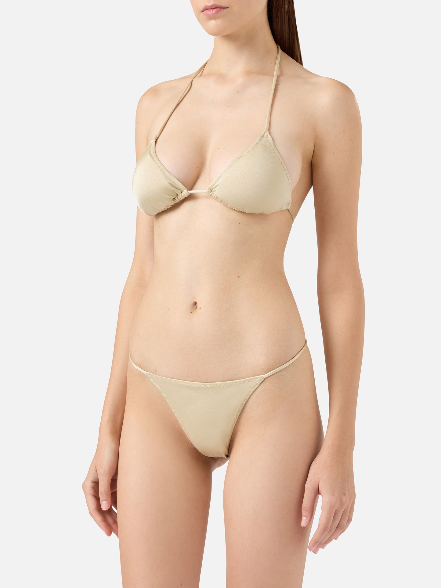 Jodene shimmer gold cheeky swim briefs - Leah shimmer gold triangle top swimsuit