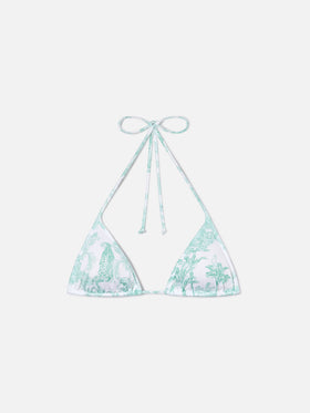 Leah triangle bikini top with green toile de Jouy print