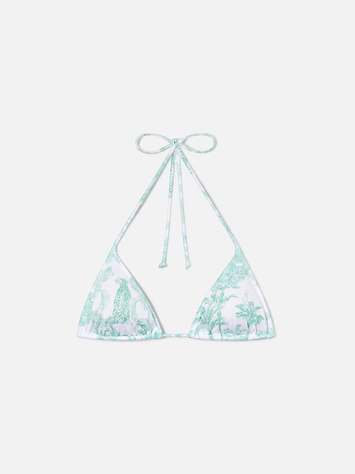 Leah triangle bikini top with green toile de Jouy print
