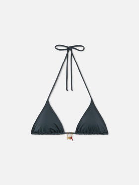 Top de bikini triangular Leah en tejido gris con acabado brillante y charms 