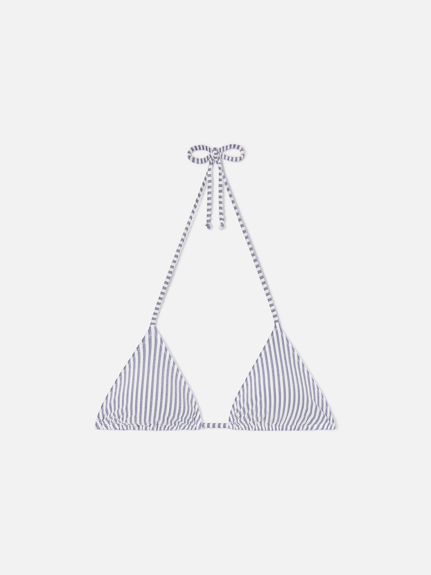 Leah triangle bikini top in blue seersucker striped fabric
