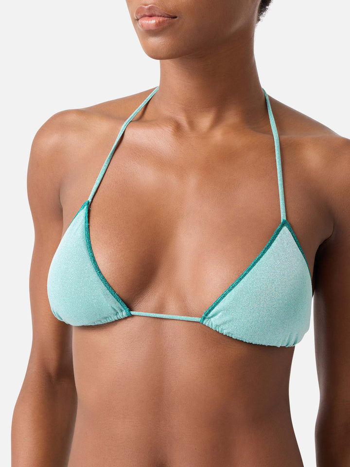 Leah water green lurex triangle bikini top
