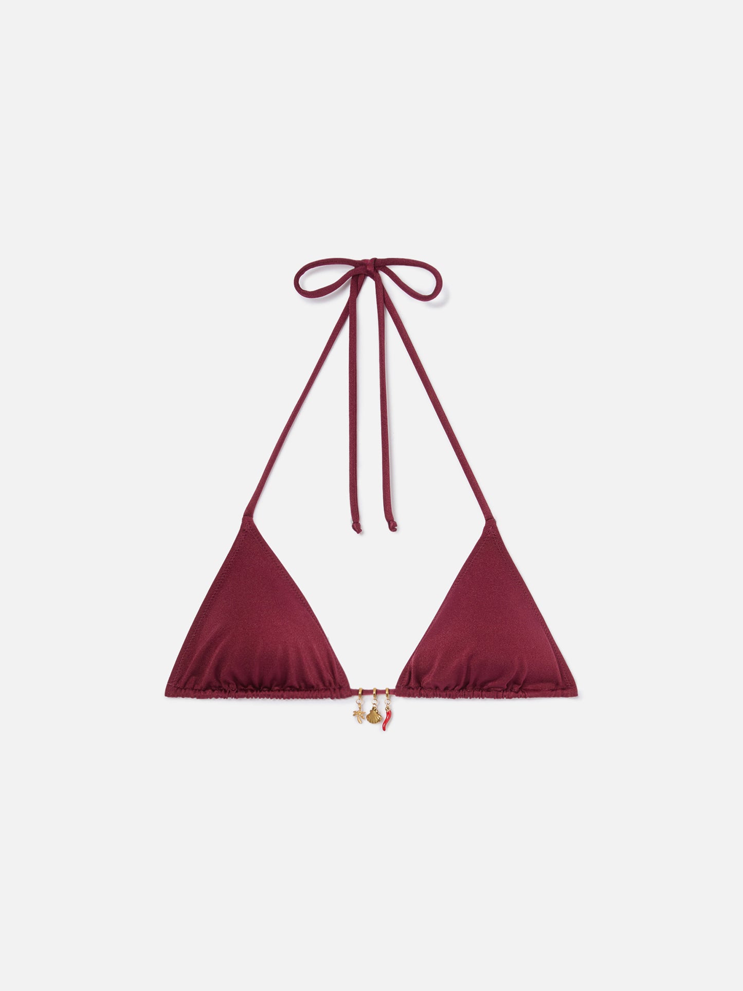 Top de bikini triangular Leah en tejido rojo con acabado brillante y charms 