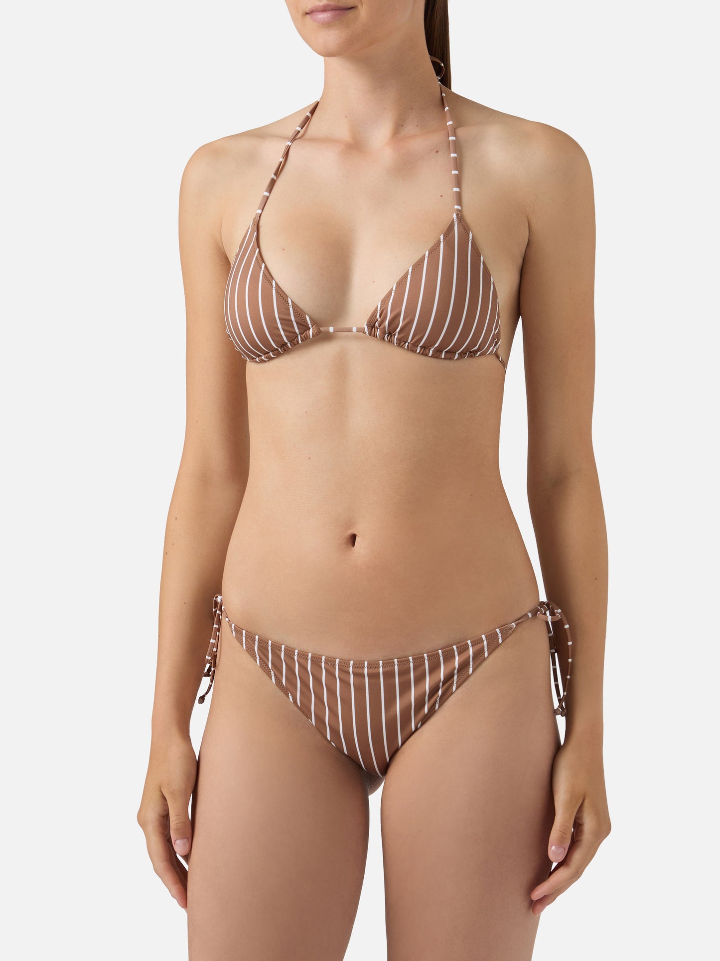 Bikini Leah Virgo de rayas verticales beige y marrón 