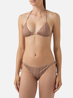 Bikini Leah Virgo de rayas verticales beige y marrón 