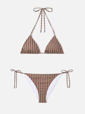 Bikini Leah Virgo de rayas verticales beige y marrón 
