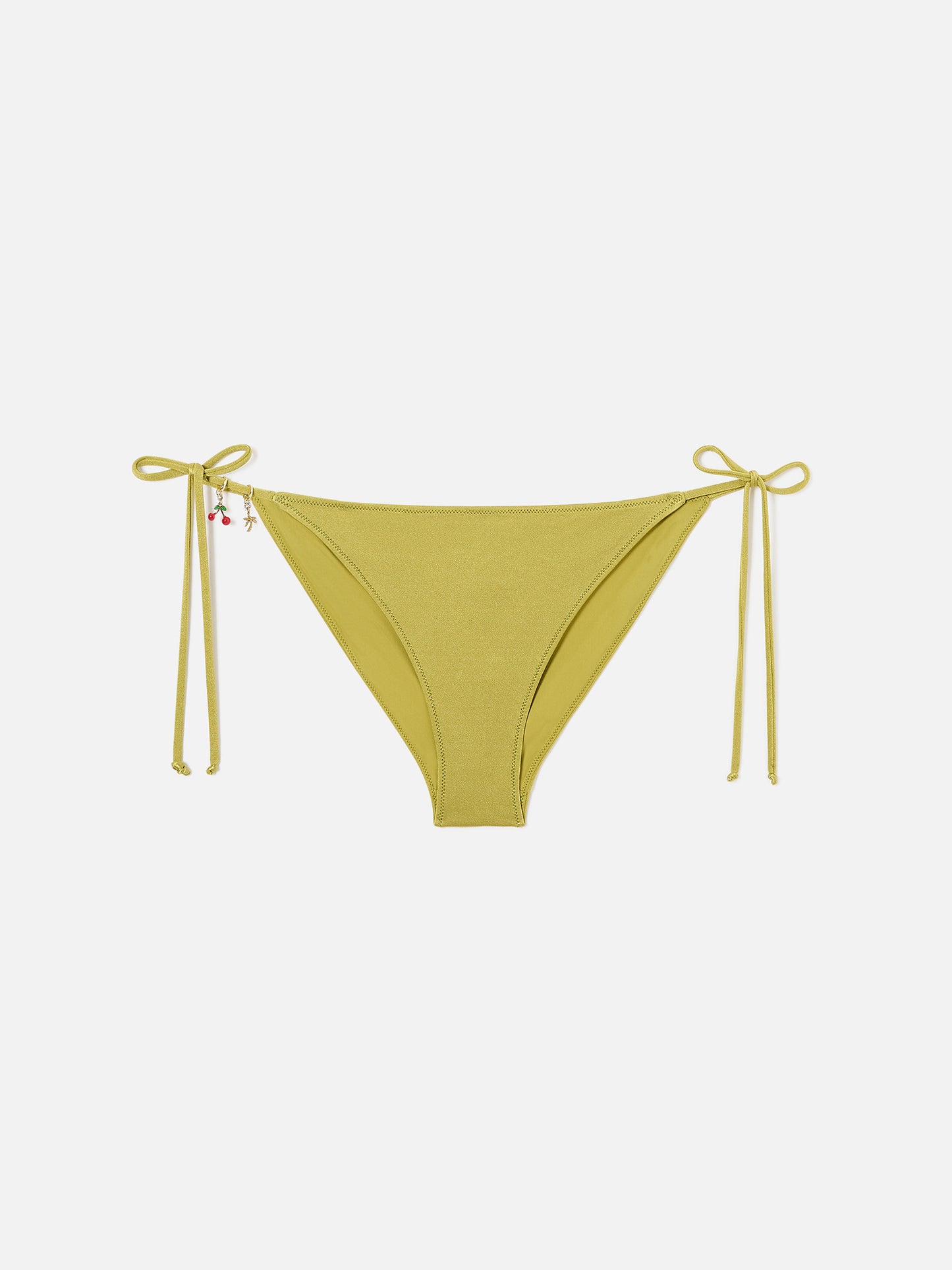 Klassische Virgo Bikinihose aus grünem Stoff mit glänzendem Finish und Charm-Details 