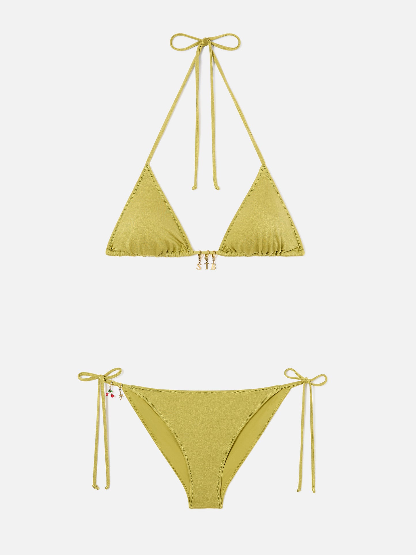 Leah Virgo pistachio green glossy finish triangle bikini with charms