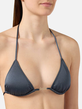 Leah Plate triangle bikini top in grey glossy finish fabric