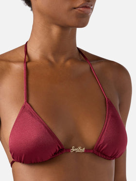 Top de bikini triangular Leah Plate en tejido color burdeos con acabado brillante 