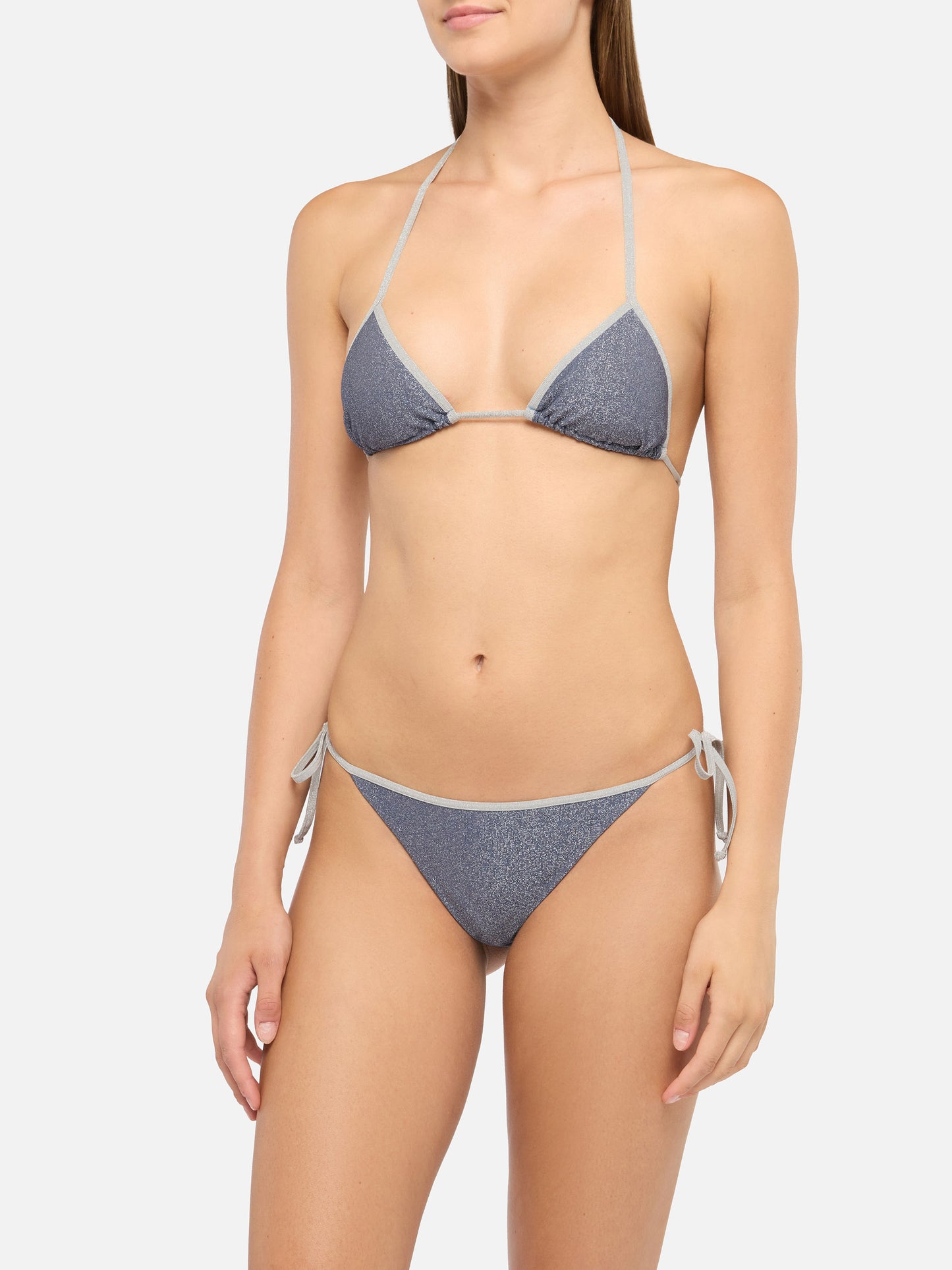 Marielle slip mare classico in lurex color avio blue con profilo argento - Leah top triangolo in lurex color avio blue con profilo argento