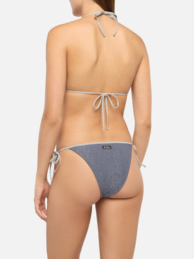 Marielle slip mare classico in lurex color avio blue con profilo argento - Leah top triangolo in lurex color avio blue con profilo argento