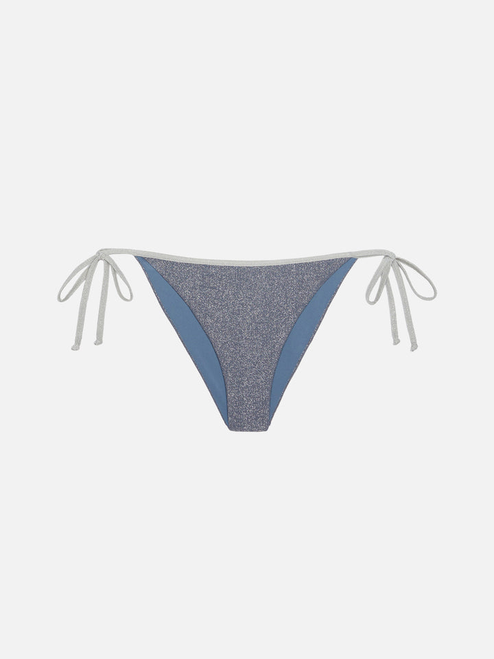 Marielle slip mare classico in lurex color avio blue con profilo argento - Leah top triangolo in lurex color avio blue con profilo argento