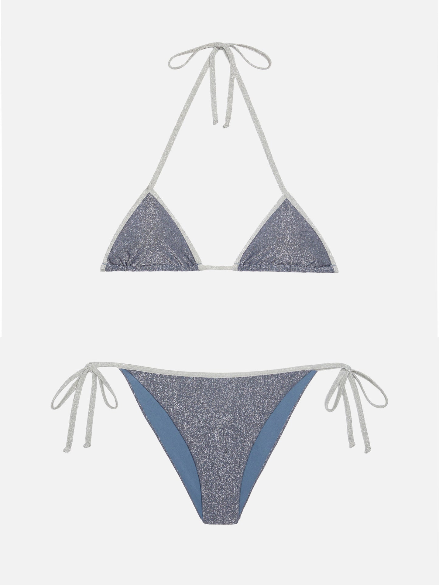 Marielle slip mare classico in lurex color avio blue con profilo argento - Leah top triangolo in lurex color avio blue con profilo argento