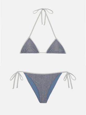 Marielle slip mare classico in lurex color avio blue con profilo argento - Leah top triangolo in lurex color avio blue con profilo argento