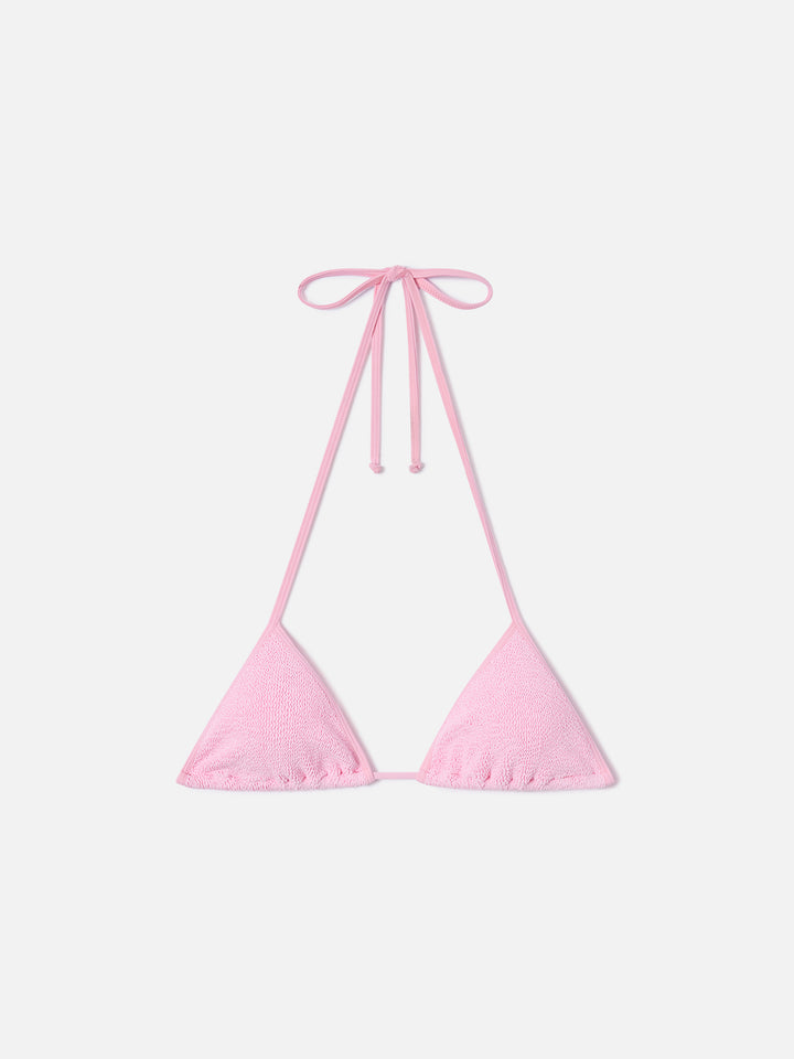 Top de bikini triangular con tiras Leah en rosa con ribetes blancos 
