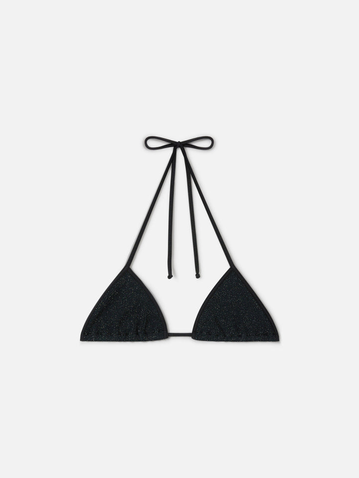 Top de bikini triangular con tiras Leah en tejido crinkle de lurex negro 