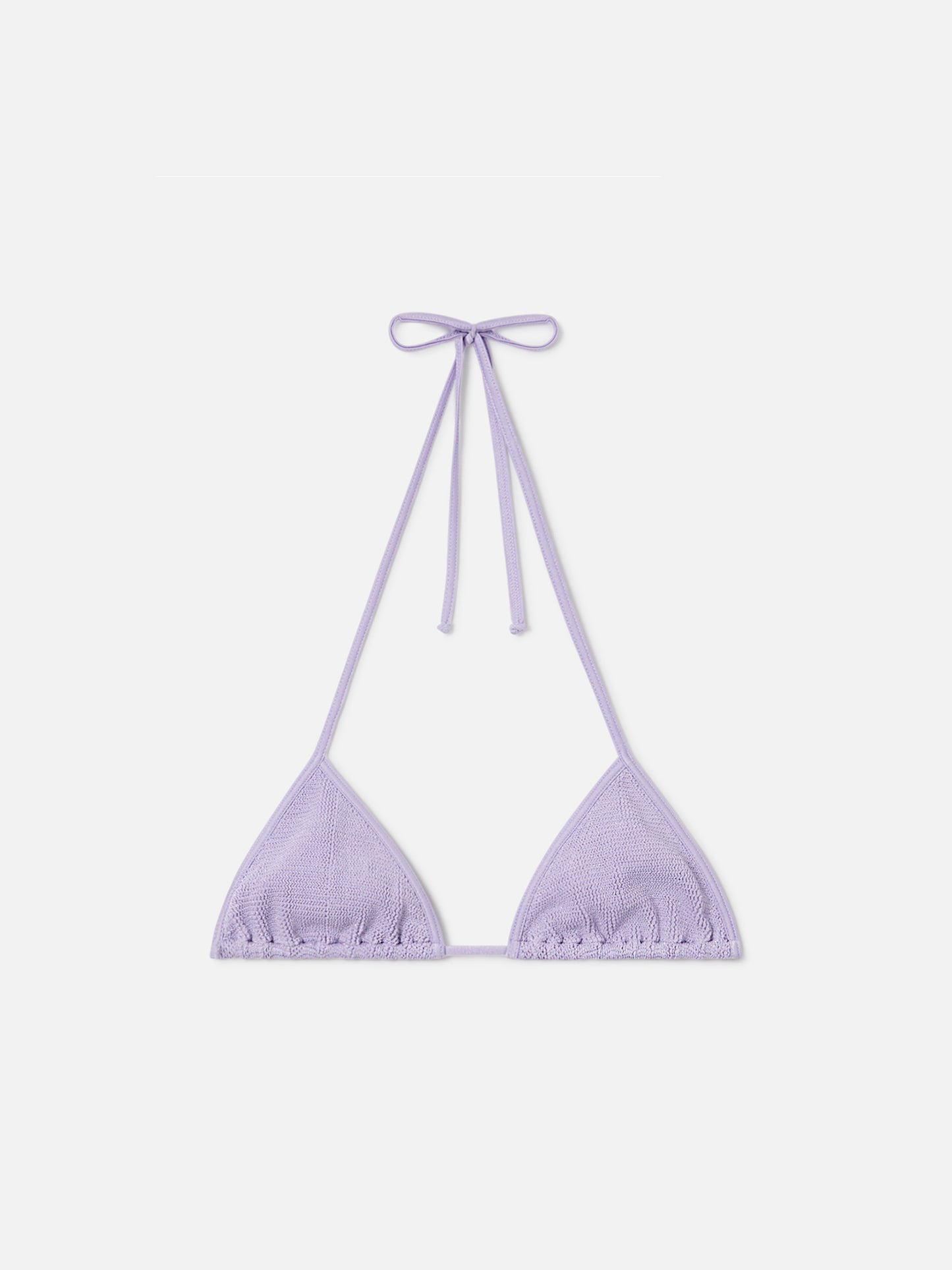 Leah String triangle bikini top in lilac crinkle lurex fabric