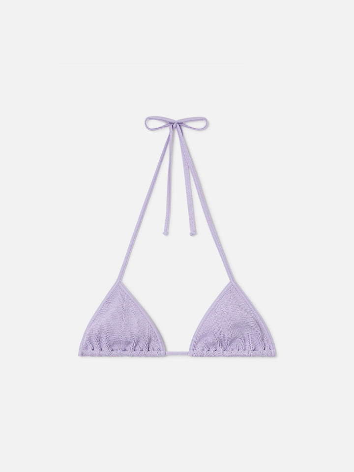 Top de bikini triangular con tiras Leah en tejido crinkle lurex lila 