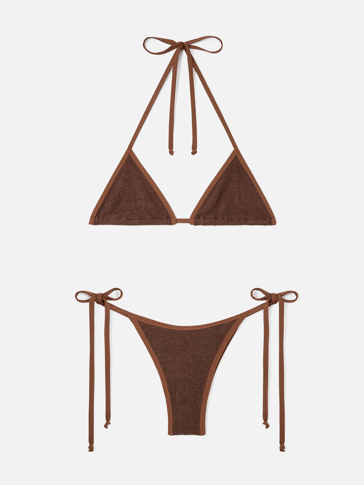 Leah Norah brown crinkle triangle bikini with piping