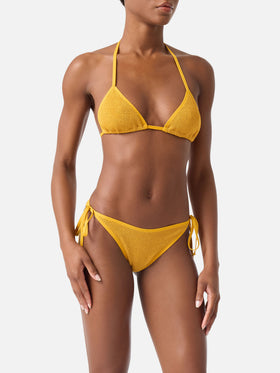 Bikini triangle Leah Marielle en crinkle ocre avec passepoil 