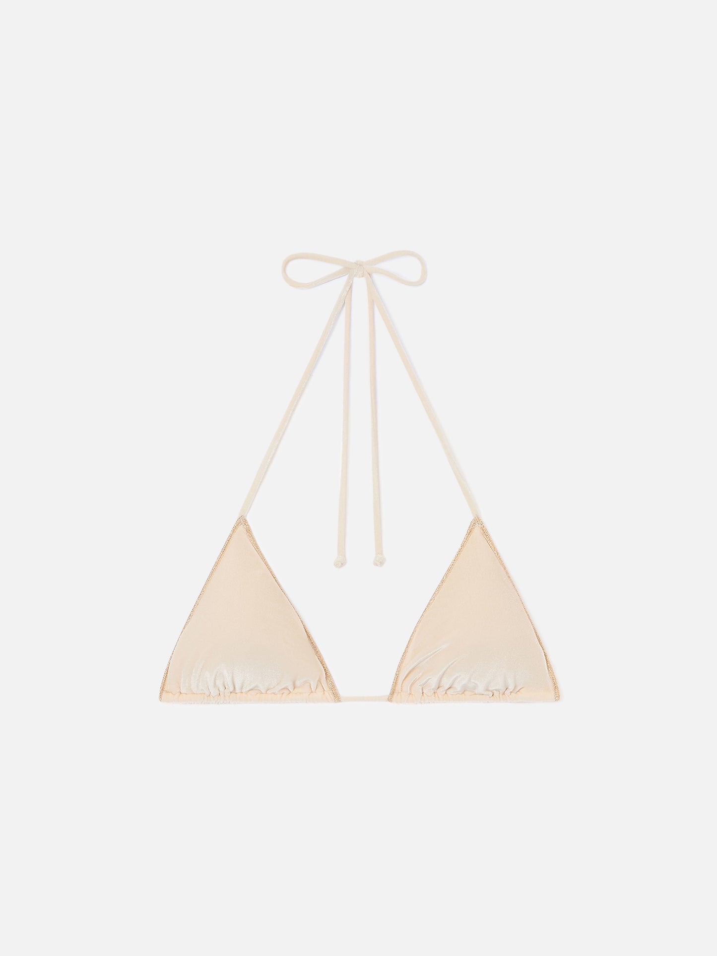 Leah Overlock triangle bikini top in gold velvet