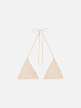 Leah Overlock triangle bikini top in gold velvet