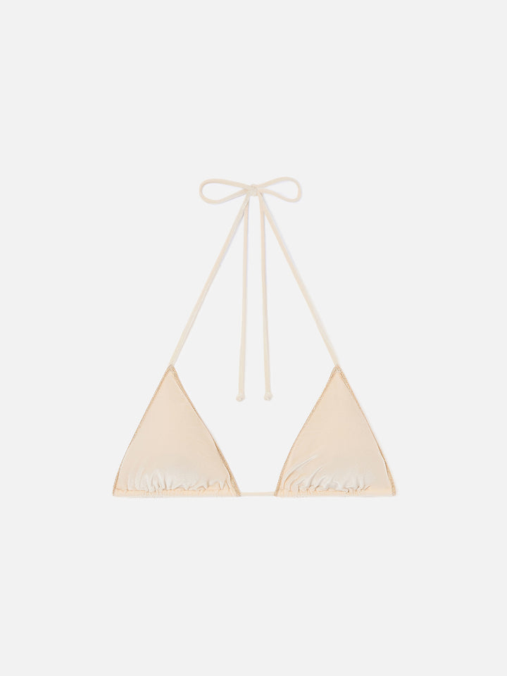 Leah Overlock triangle bikini top in gold velvet