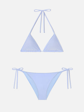 Leah Virgo Overlock Bikini aus hellblauem Samt 