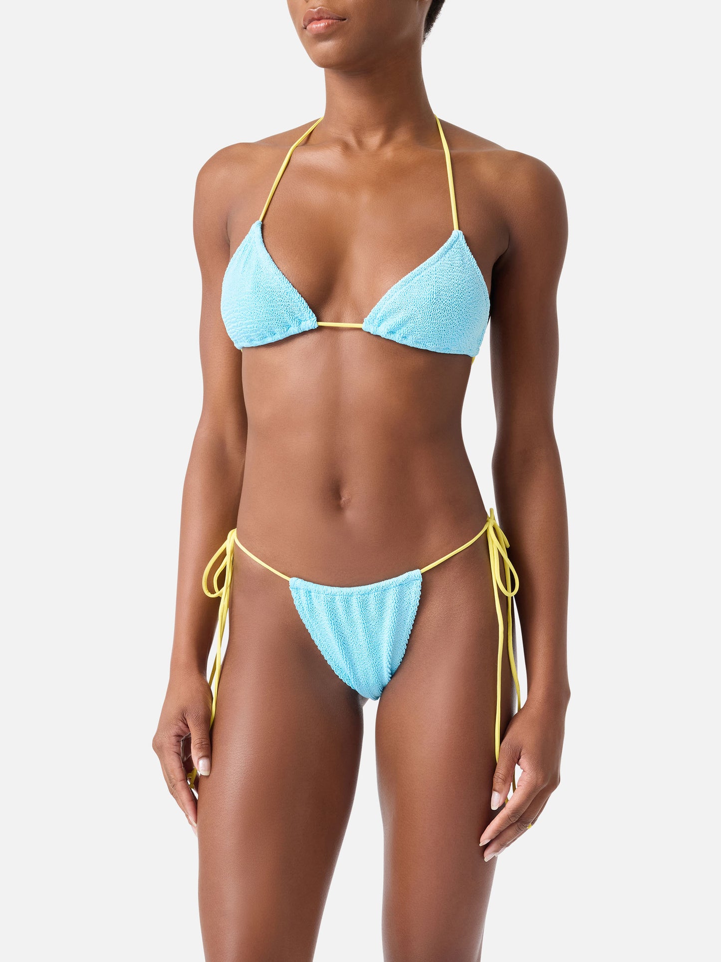 Bikini Leontine in crinkle azzurro con piping | Special Edition