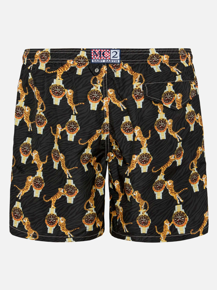 Lightweight fabric swim-shorts Lighting with watche and tiger print