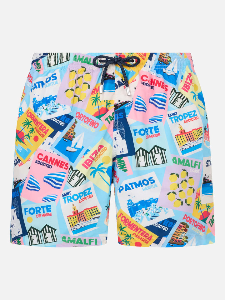 Man lightweight fabric swim-shorts Lighting with postcard print - MC2 Saint Barth