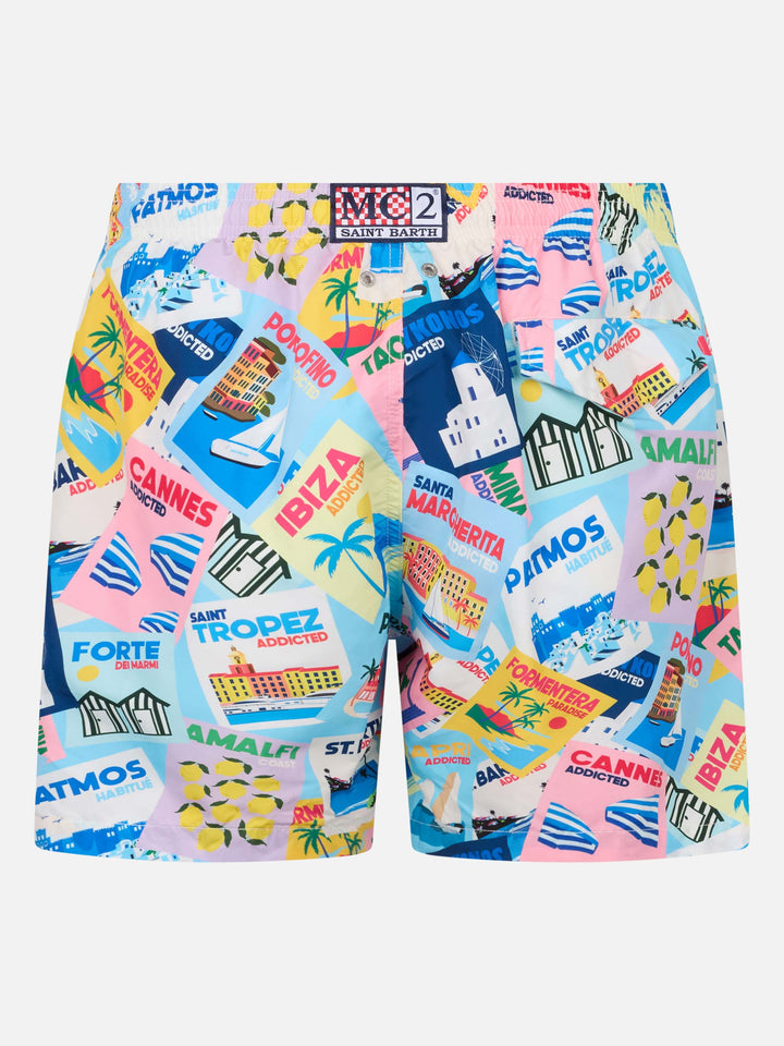 Man lightweight fabric swim-shorts Lighting with postcard print - MC2 Saint Barth