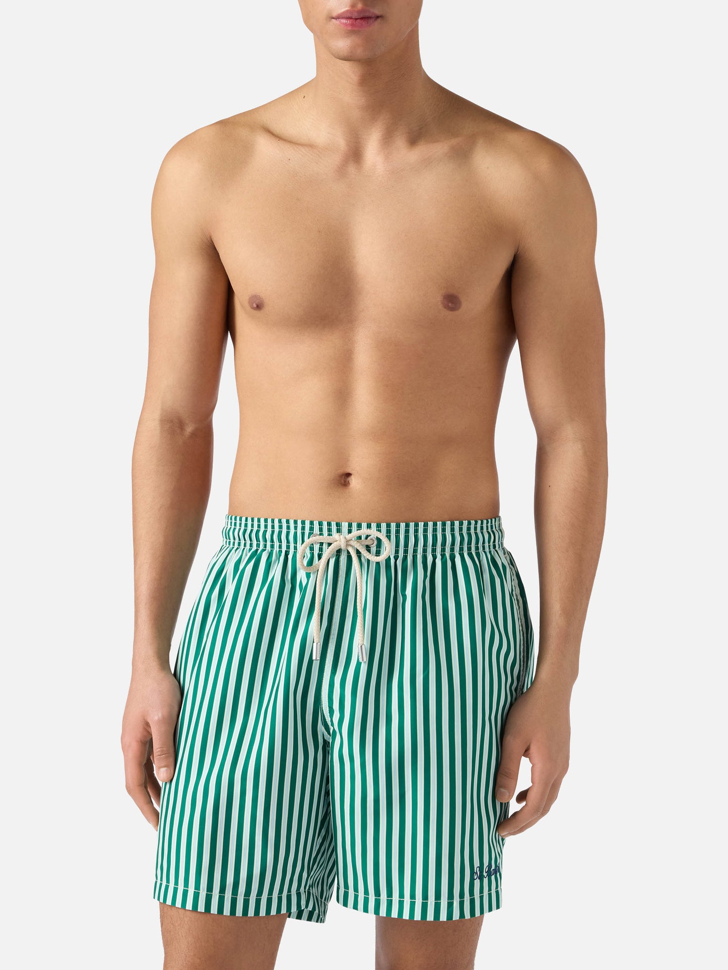 Short de bain Lighting à rayures vertes avec broderie St. Barth 
