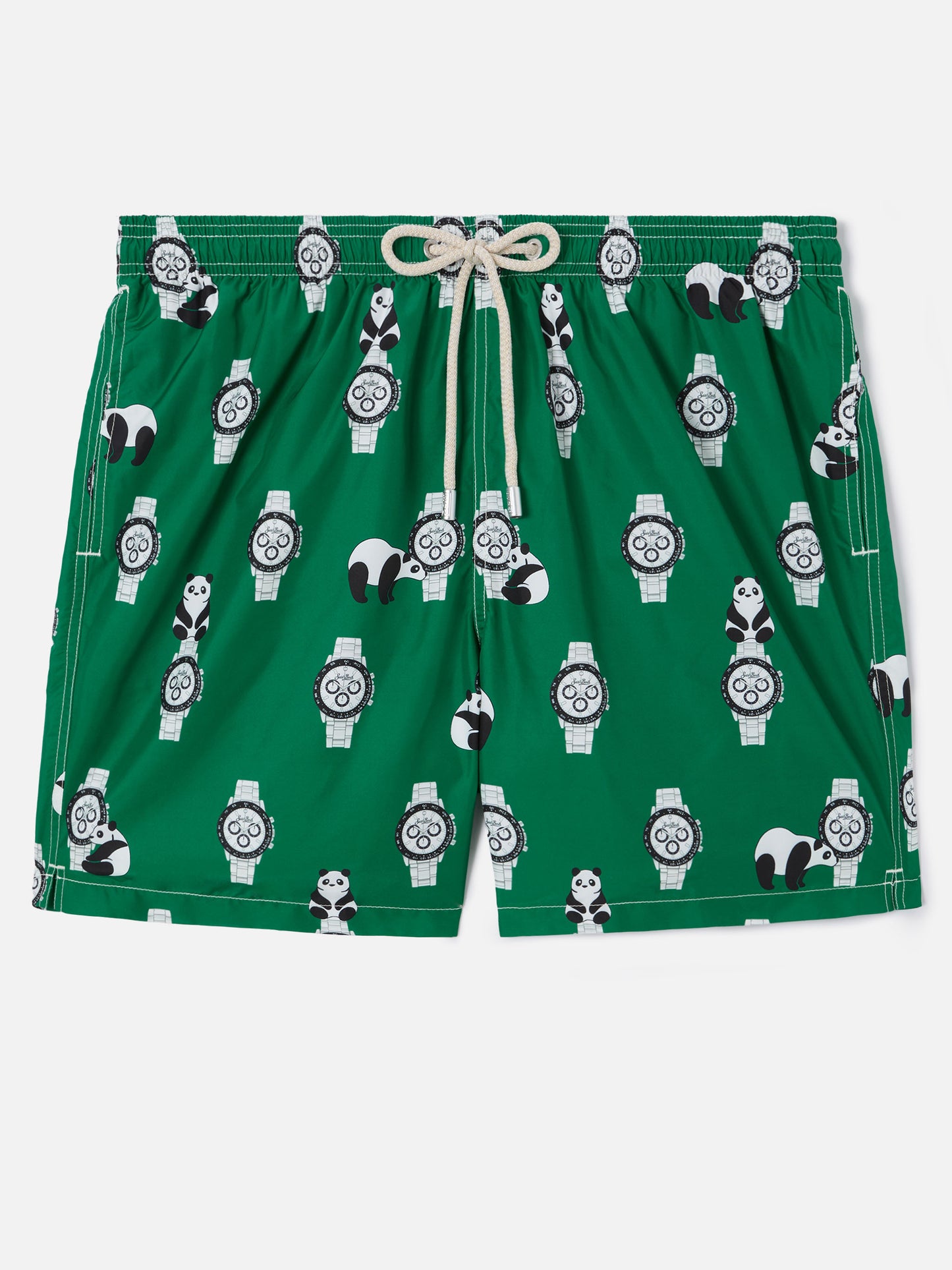 Green Lighting swim shorts with all-over panda and watches print