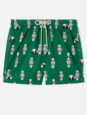Green Lighting swim shorts with all-over panda and watches print