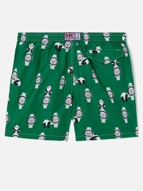 Green Lighting swim shorts with all-over panda and watches print