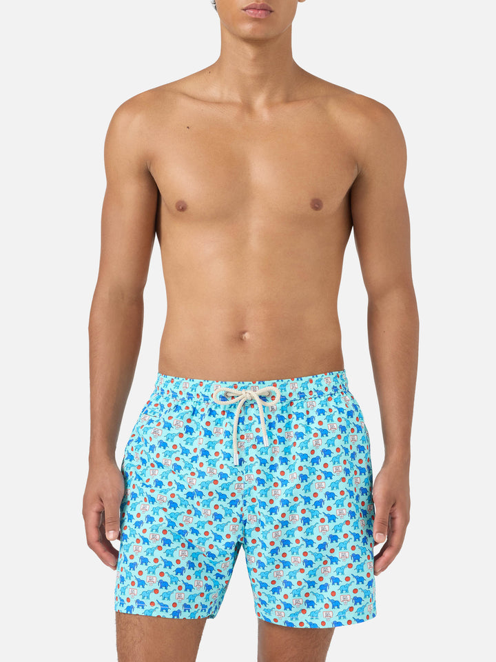 Lighting Micro Fantasy swim shorts in technical fabric with elephant pattern in blue and multicolor