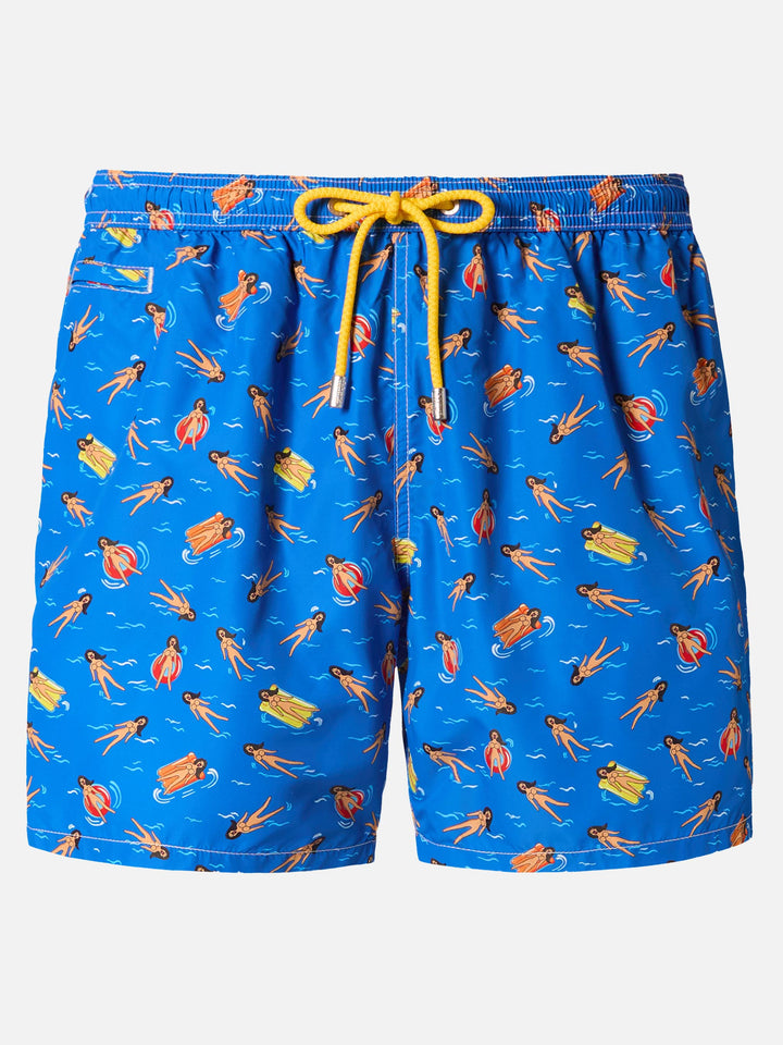 Lightweight fabric swim shorts Lighting with fun doll print